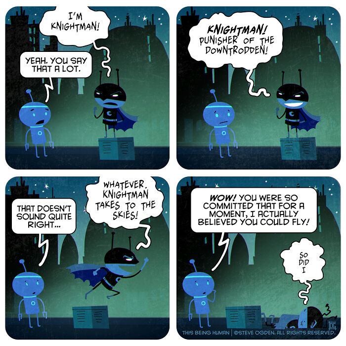 Comic strip blending existential themes and lighthearted fun featuring a character named Knightman in a cityscape at night.