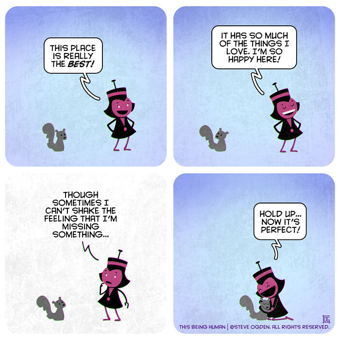 Cartoon character and squirrel in thought-provoking comics blending existential themes with lighthearted fun.