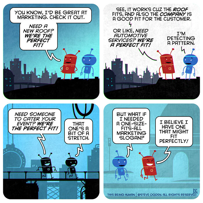 Comic strip featuring robots using marketing slogans, blending existential themes and lighthearted fun in a cityscape background.