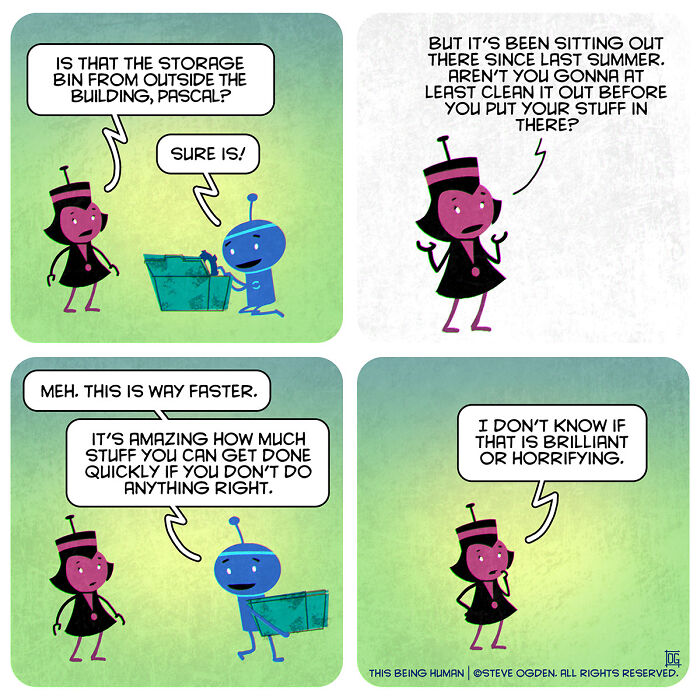 Four-panel comic featuring characters discussing storage bin cleaning, blending existential themes with lighthearted fun.