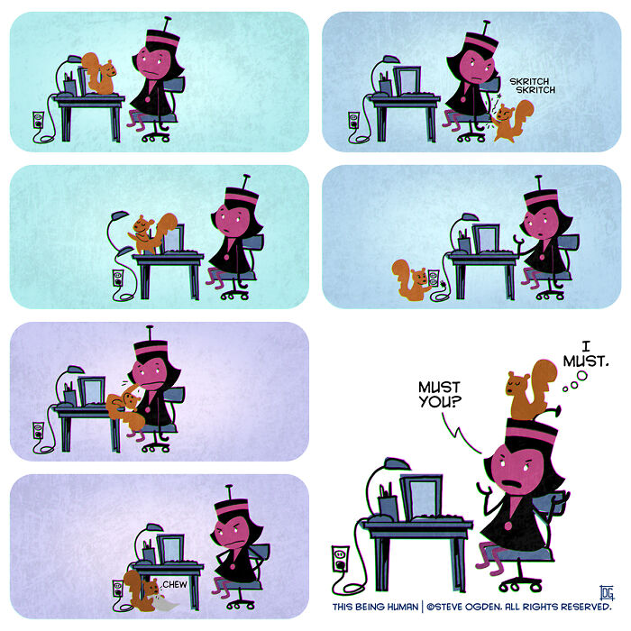 Thought-provoking comic panels blending existential themes with lighthearted fun featuring a woman and a playful squirrel.