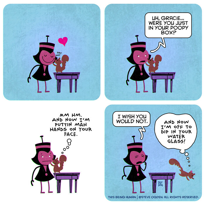 Comic panels featuring a character and squirrel with lighthearted fun and existential themes in a thought-provoking style.