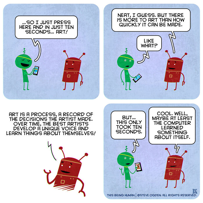 Cartoon robots discussing art as a process blending existential themes and lighthearted fun in a comic strip.