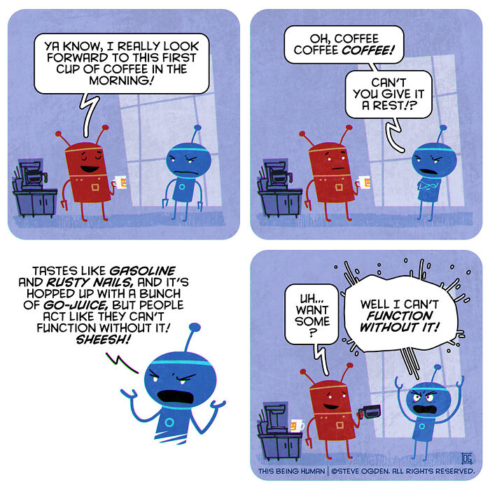 Comic strip featuring two robots humorously discussing the existential need for coffee and its effects.