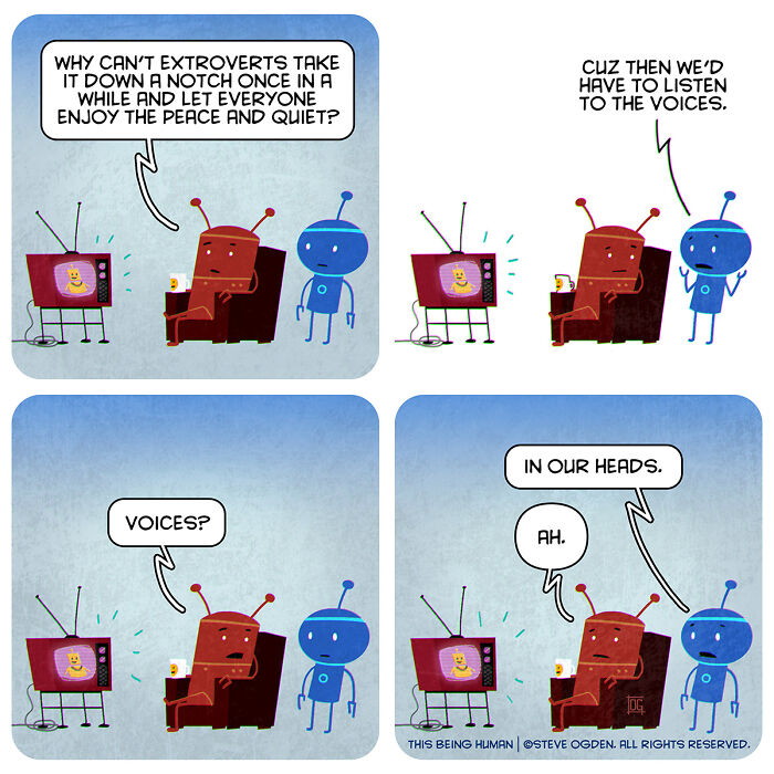 Two cartoon robots discuss introverts and extroverts in a comic blending existential themes with lighthearted fun.