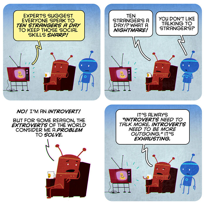 Comic panels featuring a robot discussing social skills and introversion with existential themes and lighthearted fun.