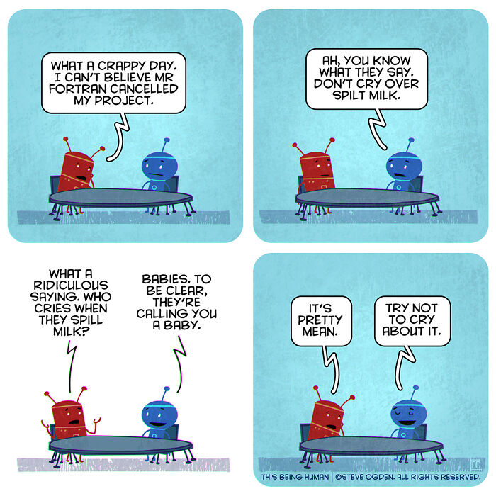 Two robots having a lighthearted conversation in a thought-provoking comic blending existential themes and humor.
