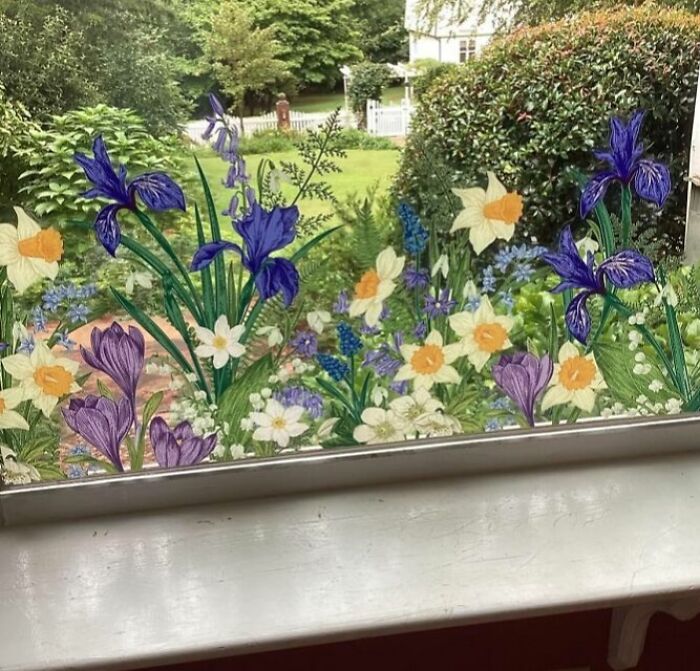 Window decorated with colorful flowers, capturing the essence of peak coolness with artistic floral designs.