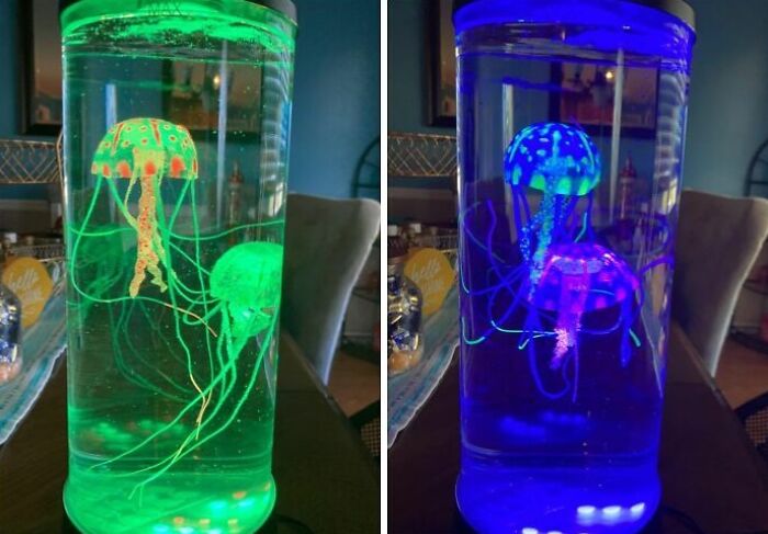 Glowing jellyfish lamp displaying vibrant green and blue colors, a unique item to covet for peak coolness.