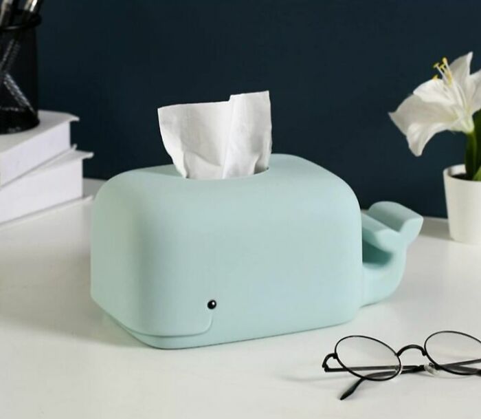 Whale-shaped tissue box holder on a desk next to glasses and a white flower, a cool item to covet for any space.