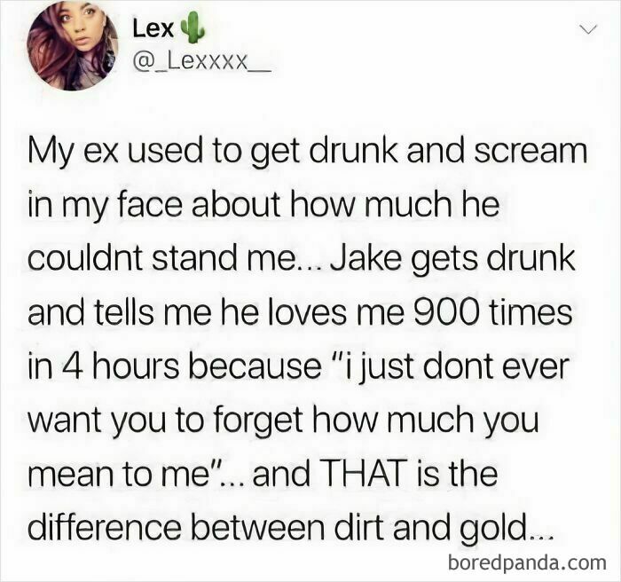 Text meme about relationships, highlighting a humorous contrast, related to 30 relatable memes and funny content.