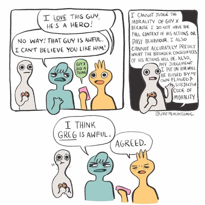 Comic about mental health showing characters debating morality and personal judgments with humor and insight.