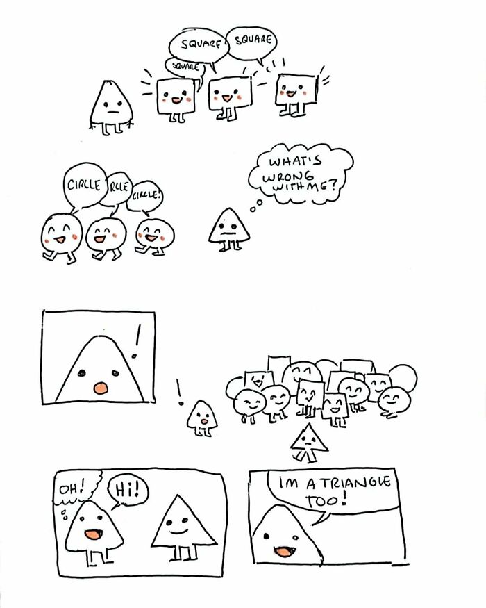 Hand-drawn comic about mental health featuring shapes expressing self-doubt and finding belonging with triangles.