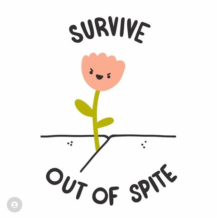 Illustration of a determined flower growing through a crack with text about mental health and strength to survive.
