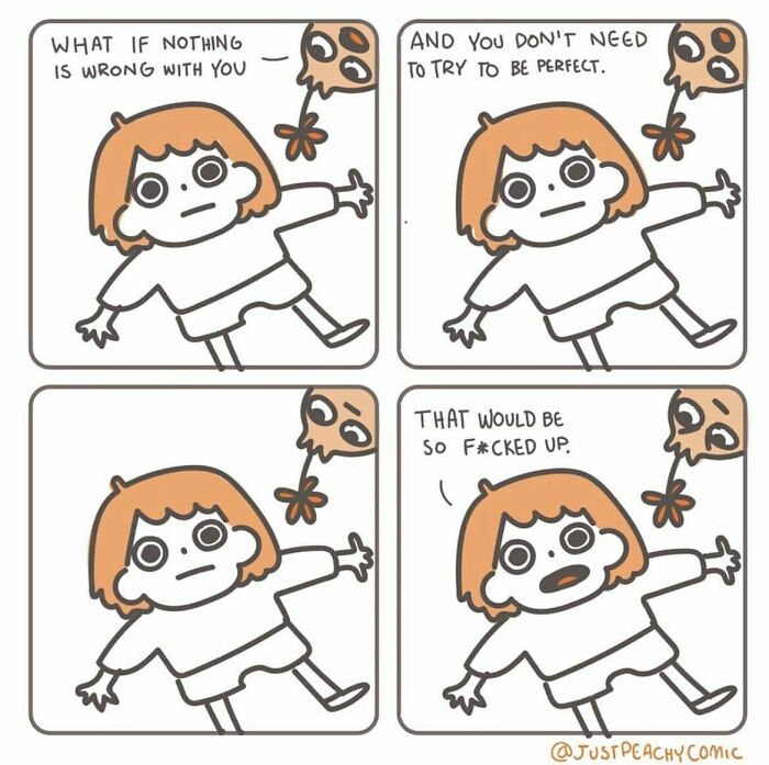 Comic strip about mental health showing a character discussing self-acceptance and the pressure to be perfect.