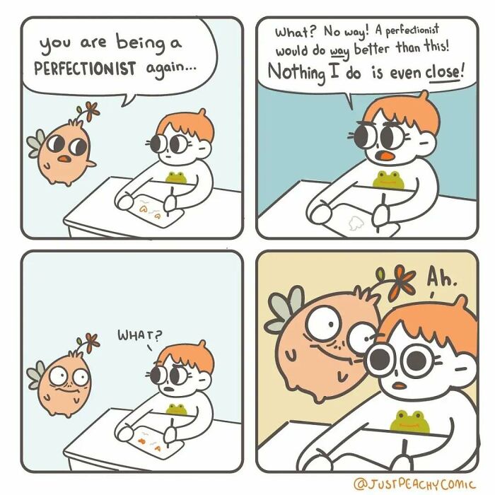 Comic illustrating mental health struggles with perfectionism, showing a character's inner dialogue and self-doubt in four panels.