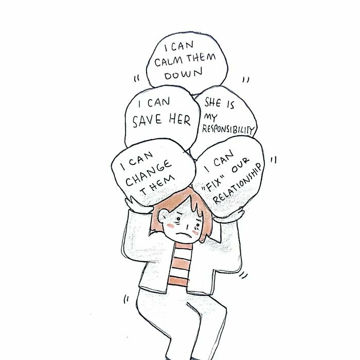 Illustration from mental health comics showing a stressed person carrying heavy burdens of responsibility and care.