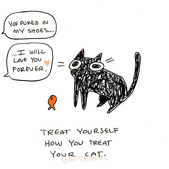 Hand-drawn comic about mental health showing a cat and advice to treat yourself like you treat your cat.