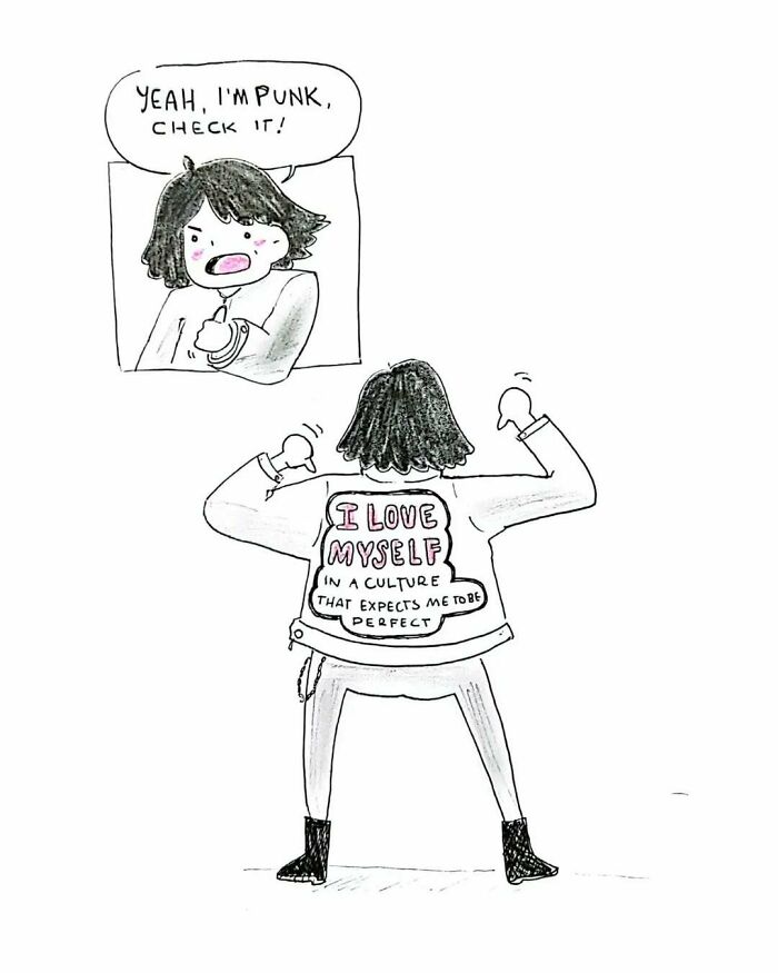 Comic illustration showing a person expressing self-love and punk identity about mental health challenges.
