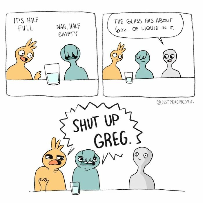 Comic strip featuring characters discussing a glass of water, highlighting relatable mental health perspectives in a humorous way.