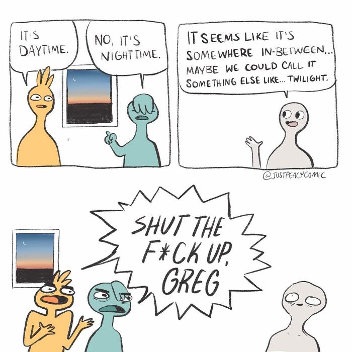 Comic strip about mental health depicting confusion between daytime, nighttime, and twilight with humorous dialogue.