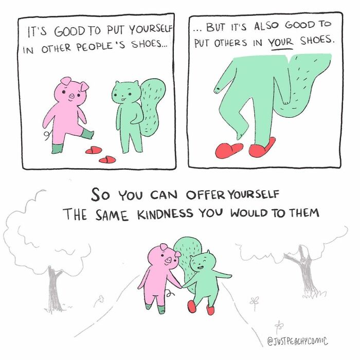 Comic about mental health showing animals putting themselves in each other's shoes to promote kindness and empathy.