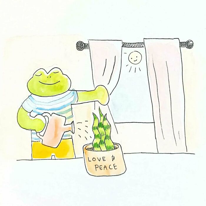 Cartoon frog watering a plant labeled love and peace, illustrating relatable mental health comics by the artist.