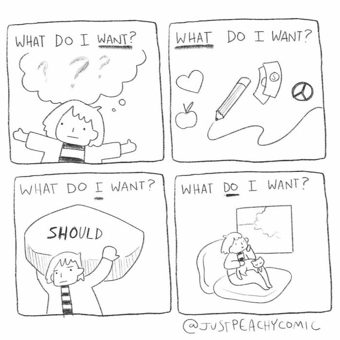 Black and white mental health comic panels showing a character questioning their desires and struggles with shoulds.