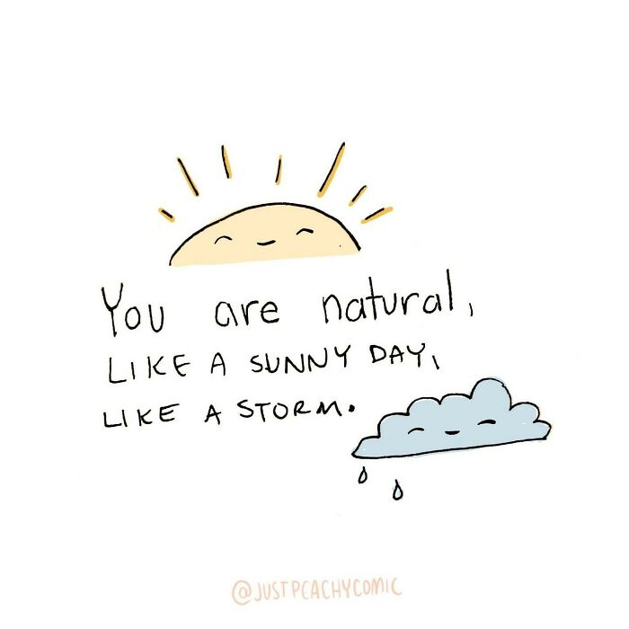 Simple comic art showing a smiling sun and cloud with the mental health message about natural feelings.
