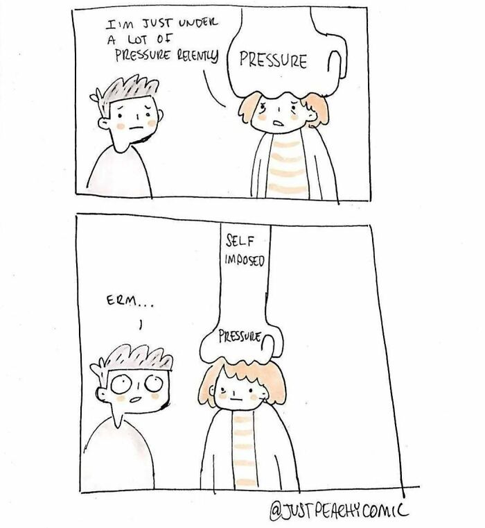 Comic panel illustrating mental health pressure, with one character showing self-imposed stress on another's head.