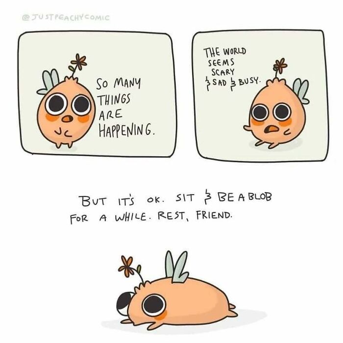 Cute comic about mental health showing a small creature feeling overwhelmed and encouraging rest and self-care.