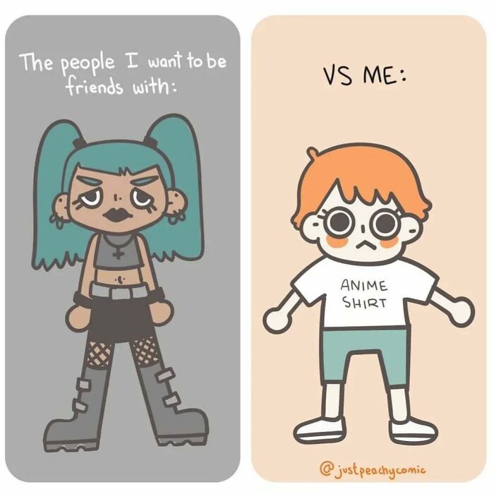 Comic showing two characters contrasting social confidence, relating to mental health and personal identity in comics about mental health.