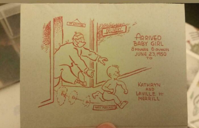 Vintage 1950s baby announcement card with cartoon doctor delivering a newborn girl named Kayla Margaret Merrill.