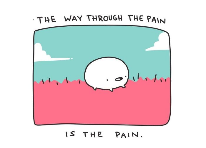 Comic about mental health showing a simple character walking through painful pink spikes with caption about the way through pain.