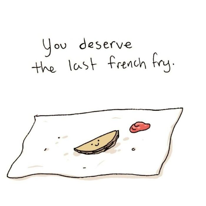 Hand-drawn comic panel with a smiling french fry and encouraging text about mental health and self-worth.
