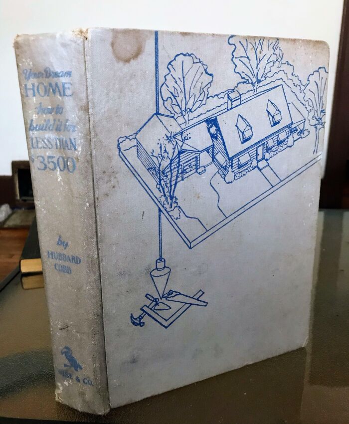 Old book with blueprint illustration of a 1950s home, capturing the essence of life in the 1950s era.