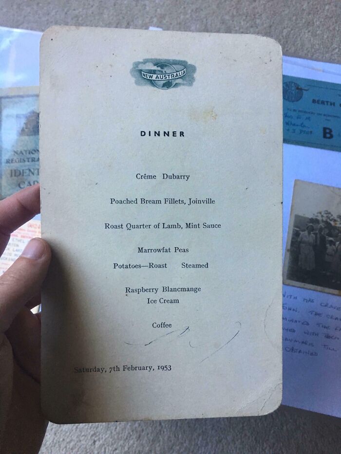 Vintage 1950s dinner menu card from the New Australia ship featuring classic dishes and dated February 7, 1953.