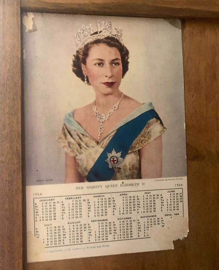 1950s portrait calendar of Queen Elizabeth II capturing the essence of life and style in the mid-20th century.