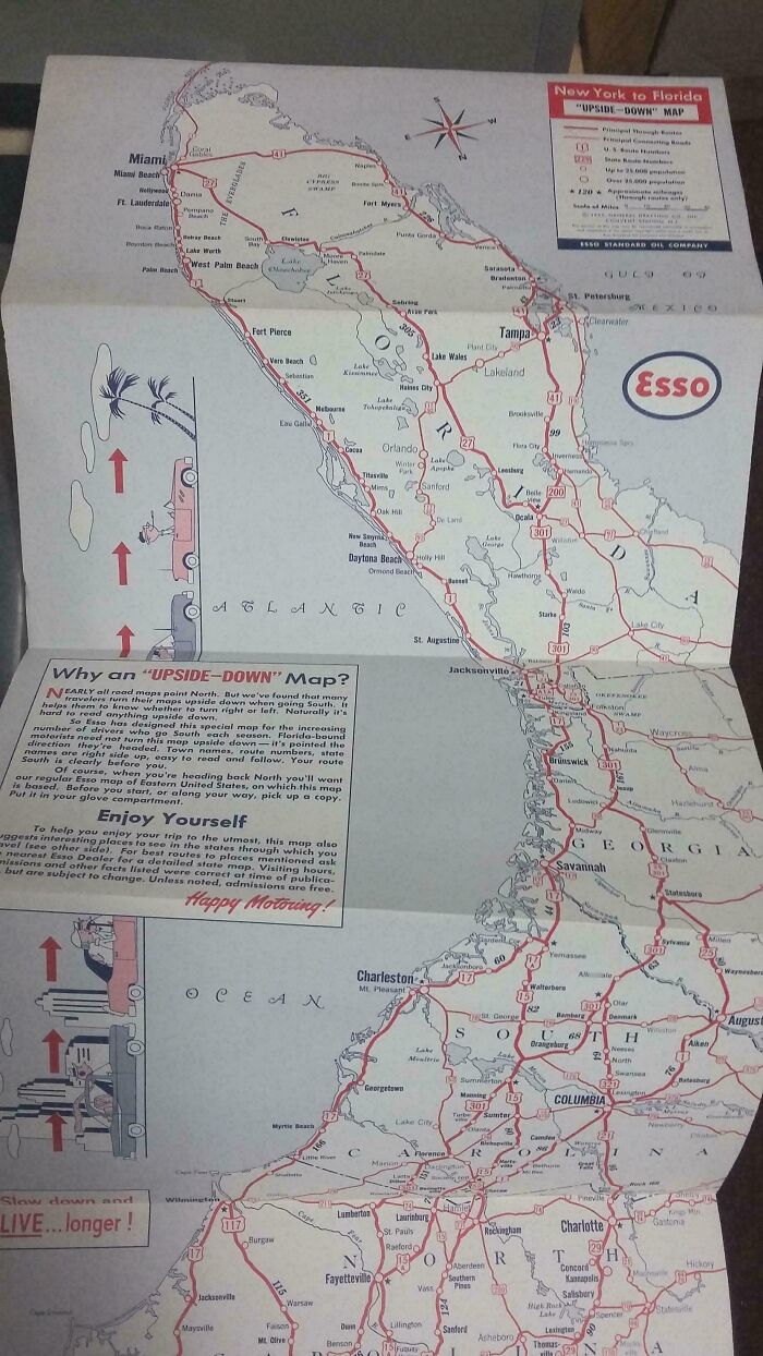 Vintage 1950s Florida map showing roadways and cities, capturing the essence of life and travel in the 1950s.