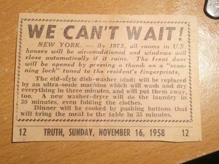 1950s newspaper clipping predicting future home technologies like air-conditioning and fingerprint door locks.