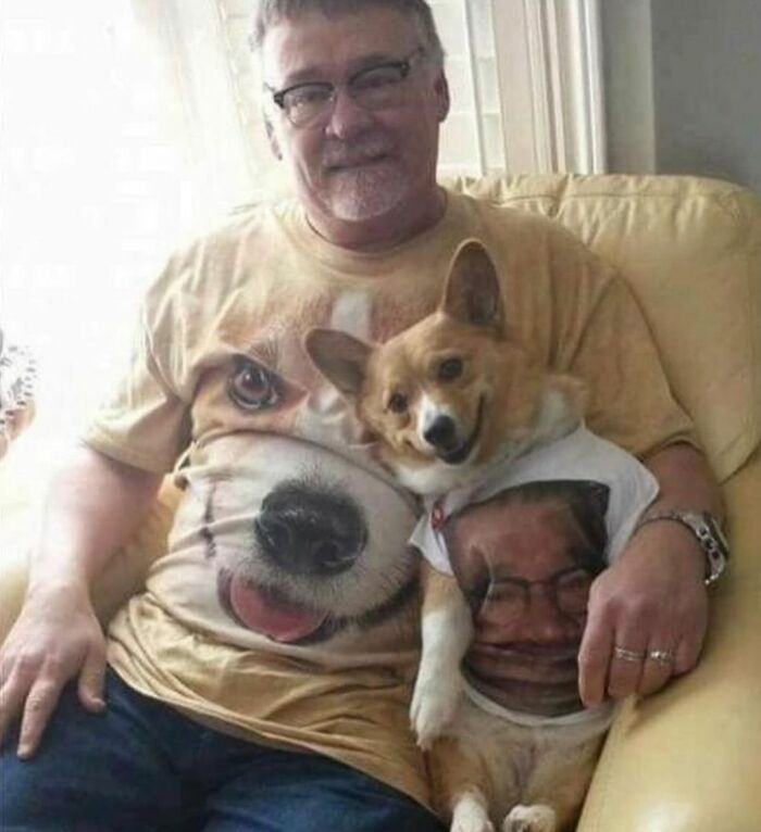 Man and corgi matching awkward photos t-shirts with dog and human faces sitting on a couch together
