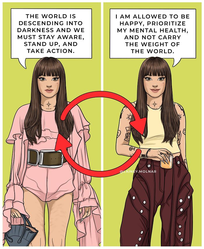 Illustration exploring gender expectations with two contrasting statements on mental health and societal pressure by Lainey Molnar.