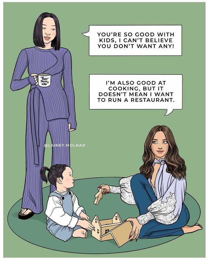 Two women and a child play on the floor in a comic exploring gender expectations by artist Lainey Molnar.