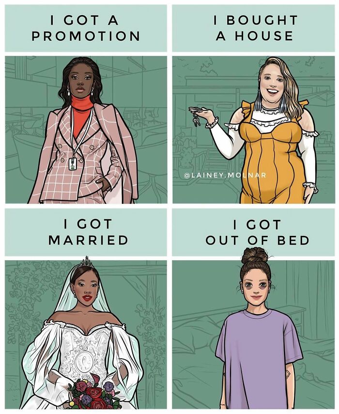 Four-panel comic by Lainey Molnar exploring gender expectations, showing diverse women with varied life achievements and moods.