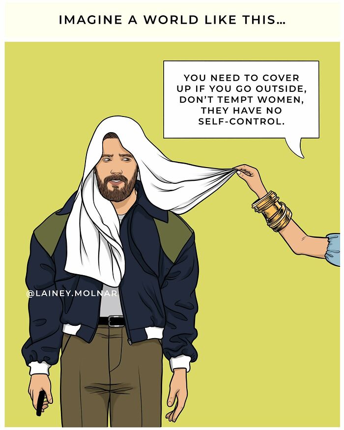 Illustration exploring gender expectations showing a man being told to cover up to avoid tempting women lacking self-control.