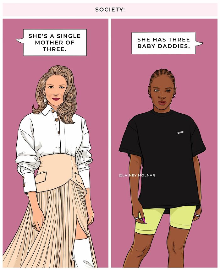 Two women depicted in a comic exploring gender expectations with contrasting societal labels about motherhood.