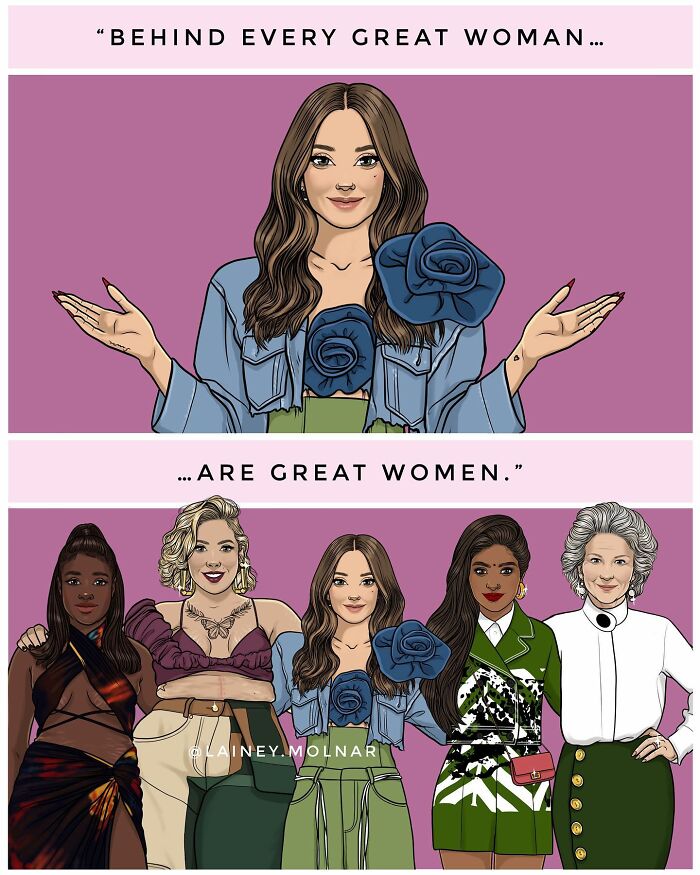 Illustration of diverse women with flowers highlighting gender expectations in comics by artist Lainey Molnar.