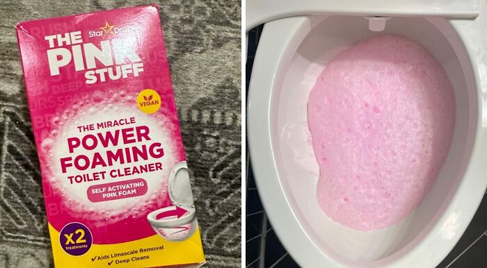 The pink foaming toilet cleaner packaging and activated pink foam inside a toilet bowl showing affordable problem solvers under $15.