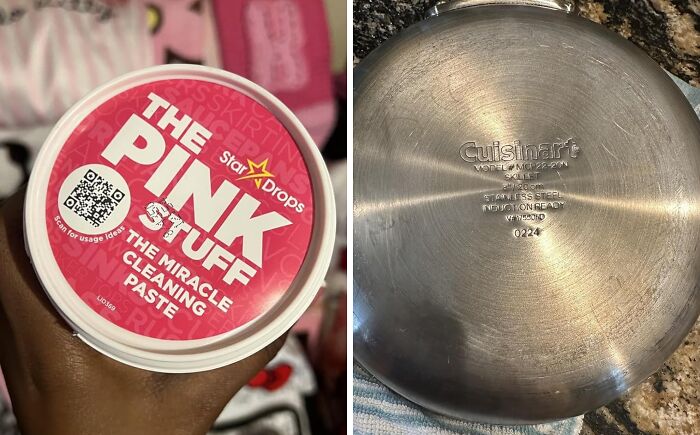 Container of The Pink Stuff cleaning paste held in hand next to the bottom of a stainless steel Cuisinart skillet, both problem solvers under $15.