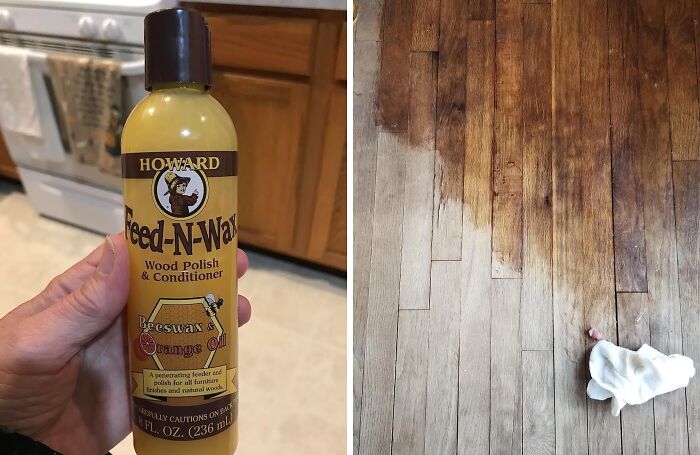 Hand holding wood polish bottle next to a wooden floor being cleaned with a cloth, showcasing effective problem solvers under $15